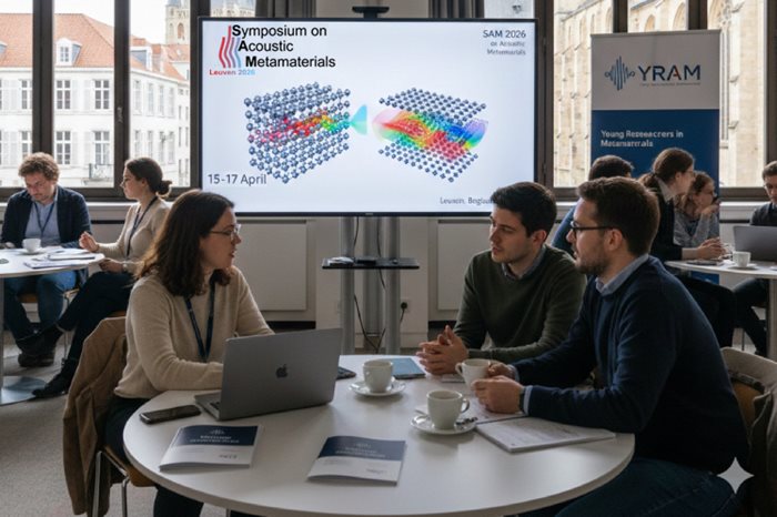 Researchers at SAM 2026 in Leuven discuss metamaterials in a modern, collaborative environment.